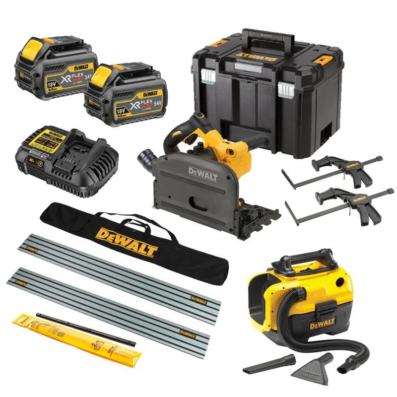 DeWalt DCS520T2 54V XR Flexvolt Plunge Saw Kit – 2 x 6.0ah Batteries, Charger, Guide Rails & Bag, Clamps,Connector, Case & DCV584L Wet and Dry Vacuum - buy online in Australia | Trade Tools Australia