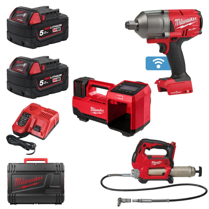 Milwaukee 18v 3 Piece Kit Impact Wrench, Grease Gun & Inflator – 2 x 5.0ah Batteries - buy online in Australia | Trade Tools Australia