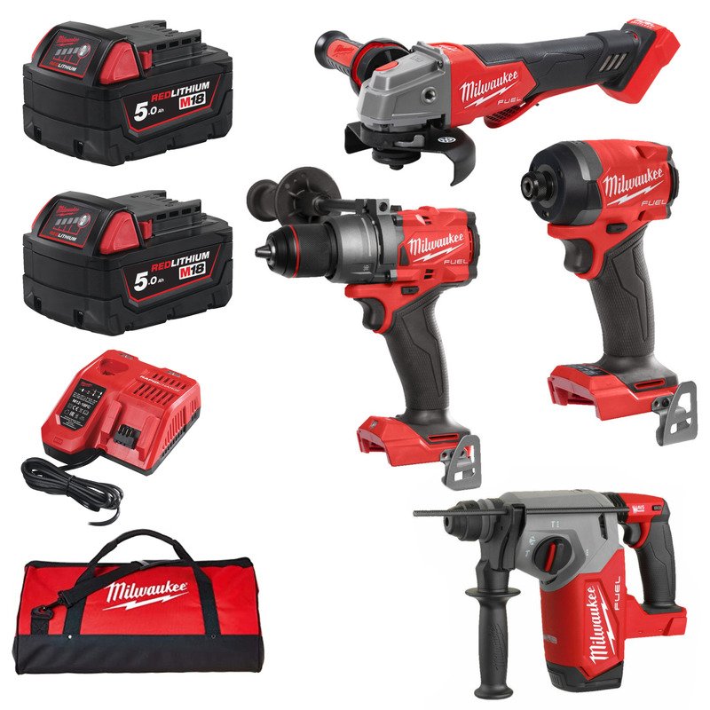 Milwaukee 18v 4 Piece Kit Combi Drill, Impact Driver, Hammer Drill & Angle Grinder – 2 x 5.0ah Batteries, Charger & Bag - buy online in Australia | Trade Tools Australia