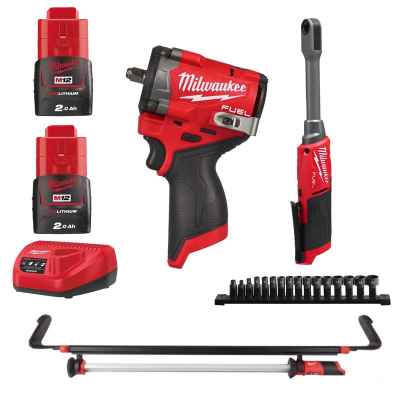 Milwaukee 3 Piece Kit 12v Impact Wrench, Ratchet & Light – 2 x 2.0ah Batteries & Charger - buy online in Australia | Trade Tools Australia