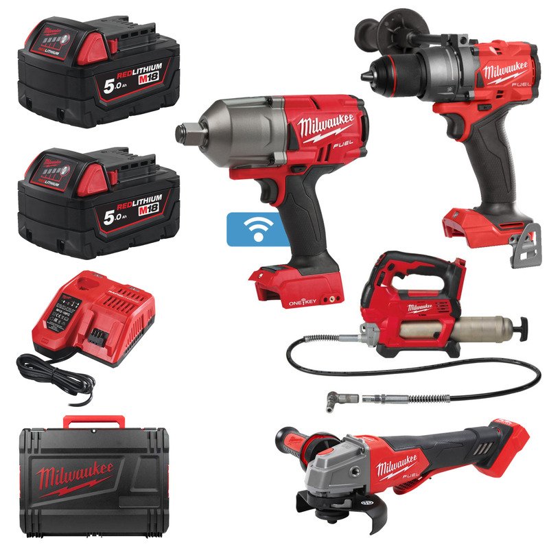 Milwaukee 4 Piece Kit 18v Impact Wrench, Combi Drill, Angle Grinder & Grease Gun – 2 x 5.0ah Batteries - buy online in Australia | Trade Tools Australia
