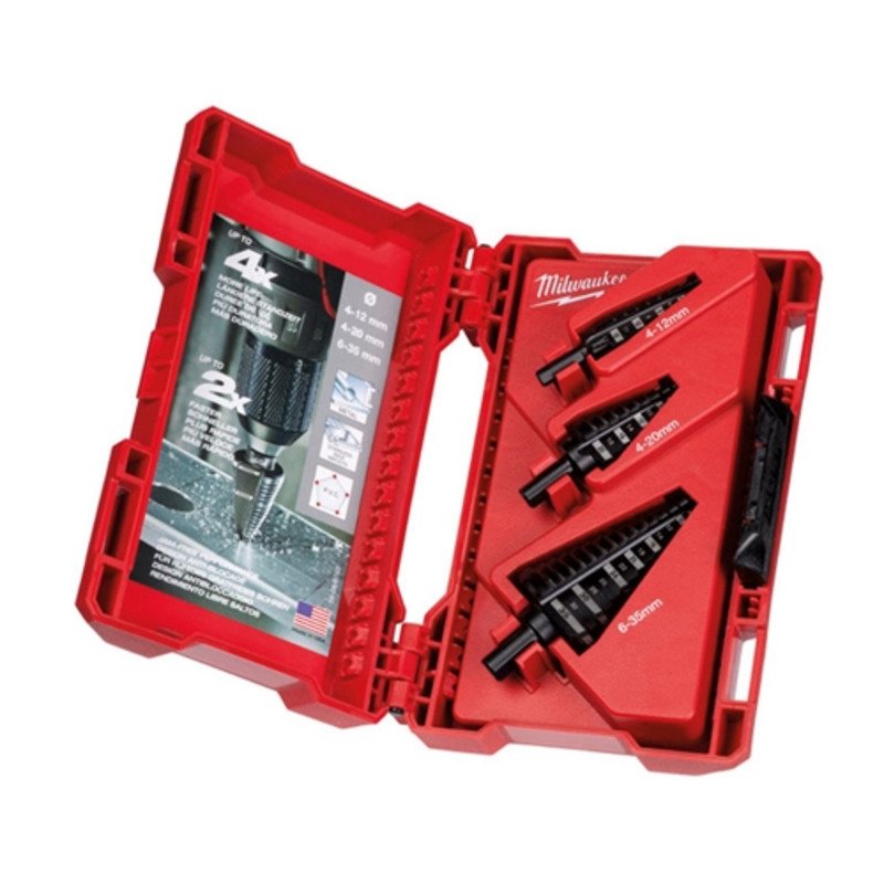 Milwaukee 48899399 3 Piece Step Drill Bit Set (4mm – 12mm / 4mm – 20mm / 6mm – 35mm) - buy online in Australia | Trade Tools Australia