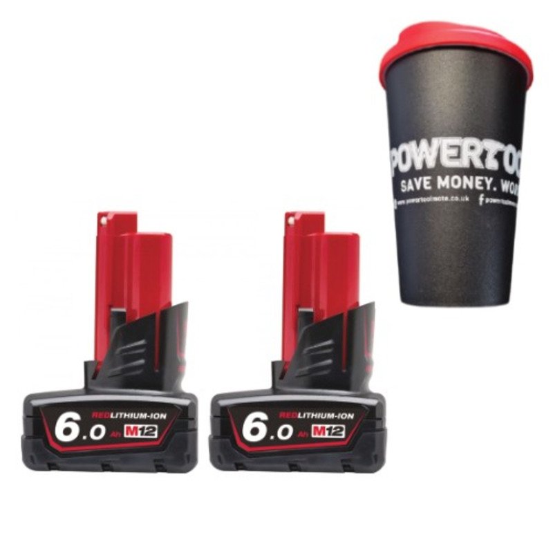 Milwaukee M12B6 12V 6.0ah Red Lithium-Ion Batteries (Twin Pack) with Powertoolmate Travel Mug - buy online in Australia | Trade Tools Australia