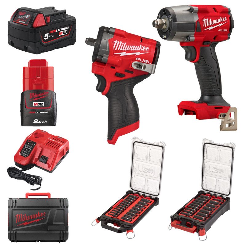 Milwaukee M18FMTIW2F12 & M12FCIWF38G3 Impact Wrenches With 1/2″ & 3/8″ Impact Socket Sets & 5.0ah & 2.0ah Batteries - buy online in Australia | Trade Tools Australia