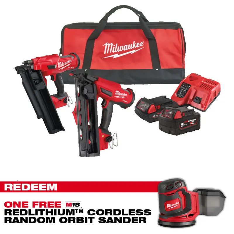 Milwaukee M18FPP2BE-522B 18v Twin Nailer Kit M18FFN/M18FN16GA Framing/16G Angled (CLAIM FREE ORBIT SANDER VIA MILWAUKEE REDEMPTION) - buy online in Australia | Trade Tools Australia