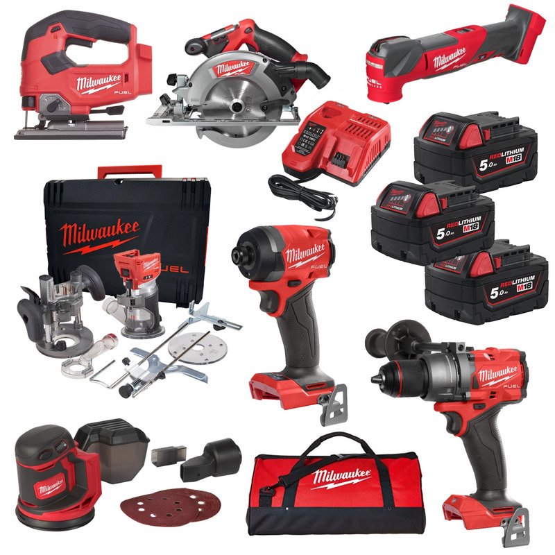 Milwaukee x PTM Ultimate 7 Piece Bespoke Carpenters Powertool Kit – 3 x M18B5 5.0Ah Batteries - buy online in Australia | Trade Tools Australia