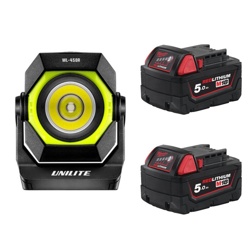 Unilite WL-450R Rechargeable Dual Beam Compact Work Light & Milwaukee 18v 5.0ah Batteries - buy online in Australia | Trade Tools Australia